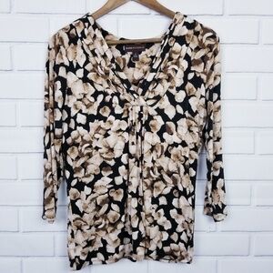 Dana Buchman Womens Floral Print V-Neck Career‎ Top Size Small 3/4 Sleeve Brown